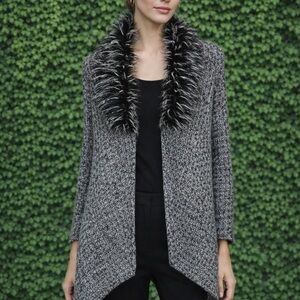 JOHN FASHION Tweed Faux Fur Zip Front Cardigan, S